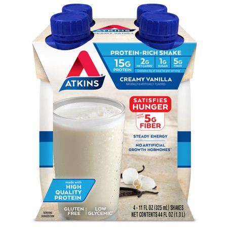Atkins Gluten Free Protein-Rich Shake, Creamy Vanilla, Keto Friendly, 4 Count (Ready to Drink)