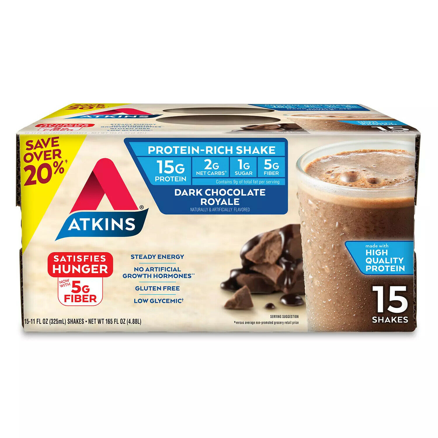 Atkins Gluten Free Protein-Rich Shake, Dark Chocolate Royale, Keto-Friendly 15pk