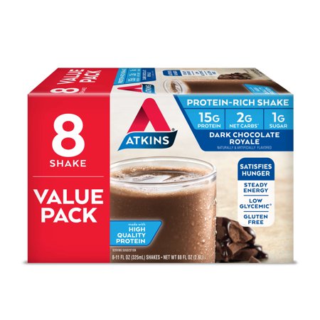 Atkins Gluten Free Protein-Rich Shake, Dark Chocolate Royale, Keto Friendly, 8 Count (Ready to Drink)