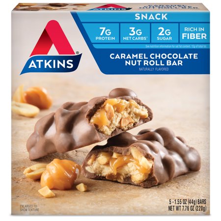 Atkins Snack Bar, Caramel Chocolate Nut Roll Bar, Keto Friendly, 5 Count