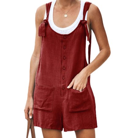 AvoDovA Women's Jumpsuits Overalls Shorts Suspender Buttons Romper Adjustable Bib Pants Shorts with Pockets wine red S