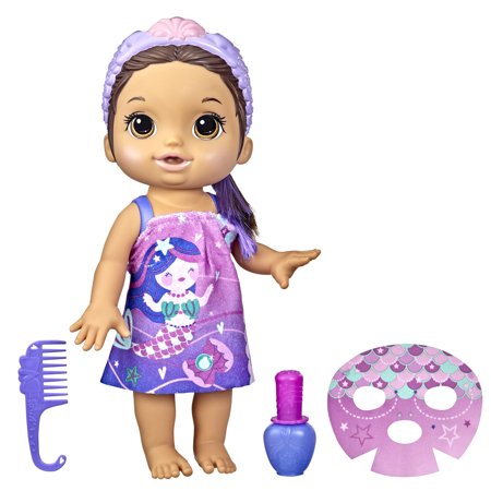 Baby Alive Glam Spa Baby Doll, Mermaid, Makeup Toy for Kids 3 and Up, Color Reveal Mani-Pedi and Makeup, 12.6-Inch Waterplay Doll, Brown Hair