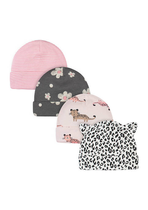 Baby Girls 4 Pack Leopard Caps
