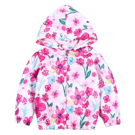 Baby Girls Flowers Printing Jackets, Spring Autumn Kids Toddler Hooded Windbreaker Casual Coat