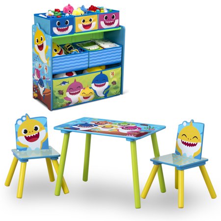 Baby Shark 4-Piece Playroom Solution by Delta Children – Set Includes Table and 2 Chairs and 6-Bin Toy Organizer
