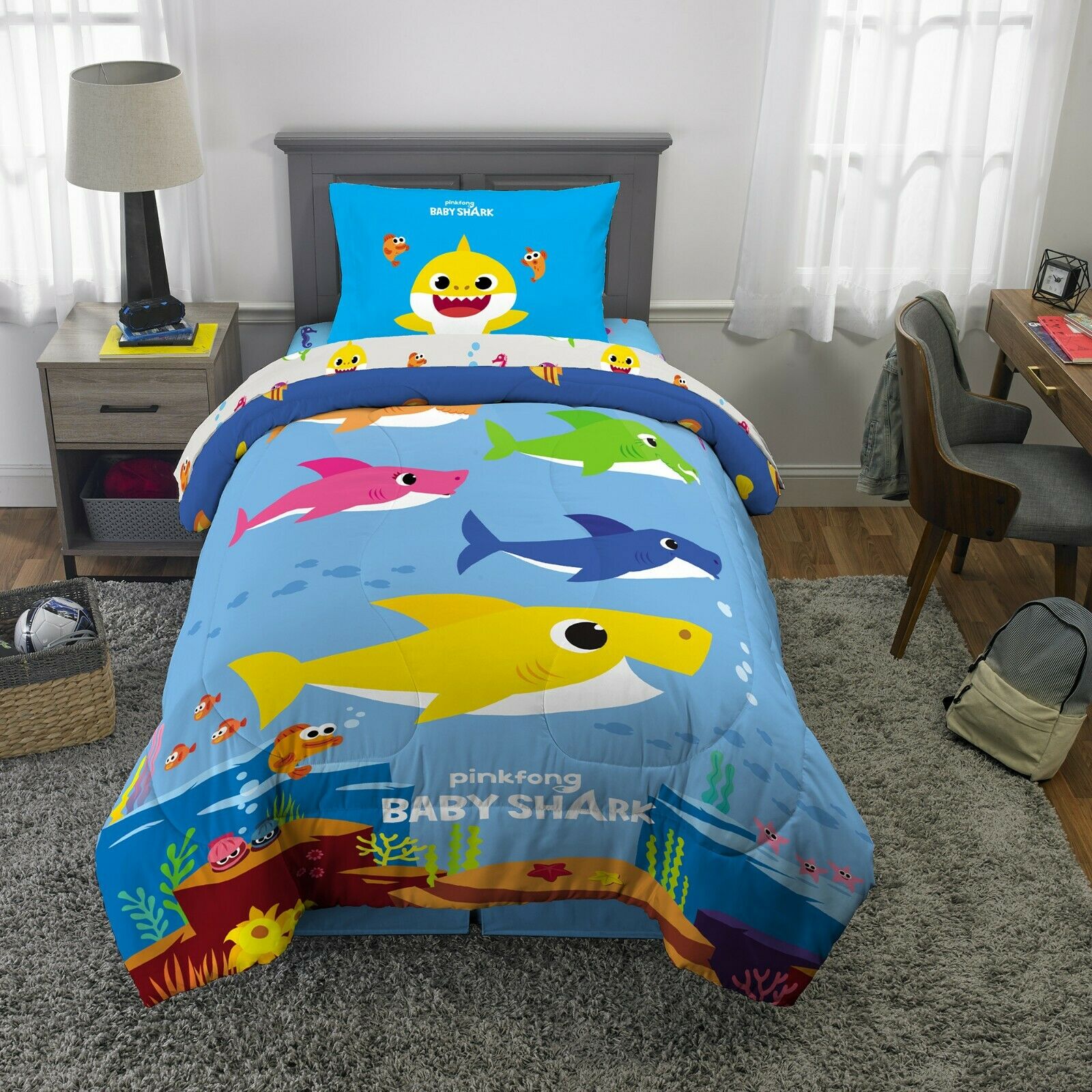 Baby Shark Blue Twin Comforter,& Sheet Set + BONUS SHAM (5 Piece Bed In A Bag)