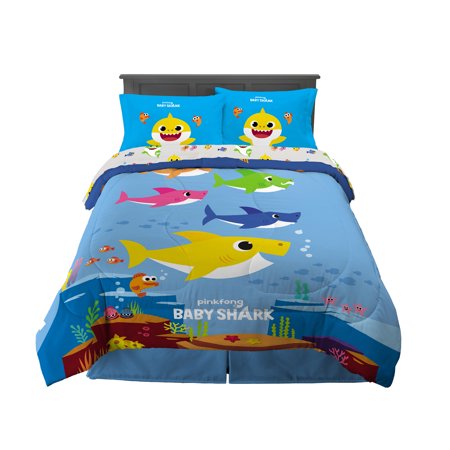 Baby Shark Kids Full Bed in a Bag, Comforter and Sheets, Blue