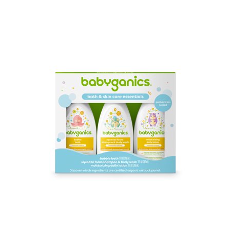 Babyganics 3 Pack Regimen Trial, Bubble Bath, Squeeze Foam Shampoo + Body Wash, Moisturizing Daily Lotion in Chamomile Verbena, Packaging May Vary
