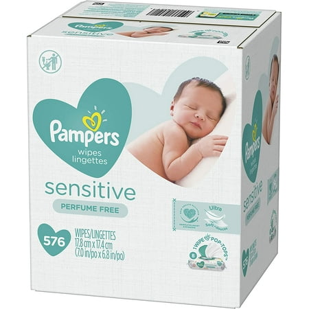 Baby Wipes, Pampers Sensitive Water Based Baby Diaper Wipes, Hypoallergenic and Unscented, 8 Pop-Top Packs, 576 Total Wipes (Packaging May...