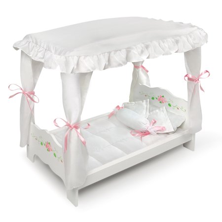 Badger Basket Canopy Doll Bed with Bedding - White Rose - Fits American Girl, My Life As & Most 18 inch Dolls