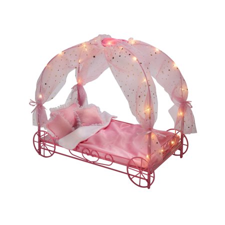 Badger Basket Royal Carriage Metal Doll Bed with Canopy, Bedding and LED Lights - Pink/White/Stars - Fits American Girl, My Life As & Most 18" Dolls