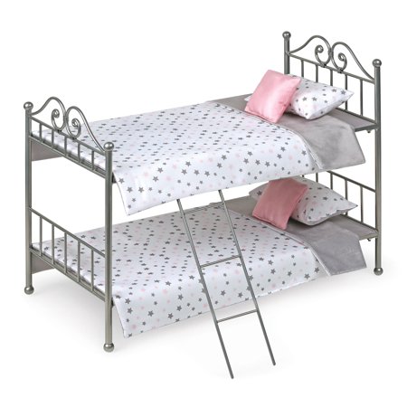 Badger Basket Scrollwork Metal Doll Bunk Bed W Ith Ladder And Bedding - Silver/Pink/Stars - Fits American Girl, My Life As & Most 18 inch Dolls