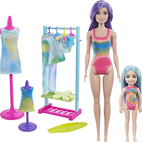 Barbie Color Reveal Gift Set, Tie-Dye Fashion Maker, Color Reveal Barbie Doll, Chelsea ​Doll and Pet, Tie-Dye Tools and Dye-able Fashions​
