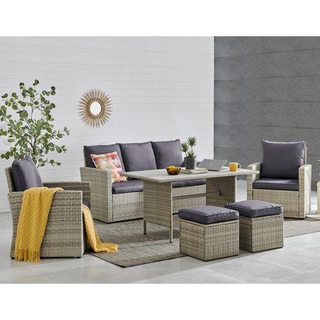 Barton 6 Pieces Patio Dining Sets Outdoor Rattan Chairs Table Patio Furniture Sets Cushioned Seating and Back Sectional Conversation Set (Grey)