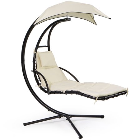 Barton Hanging Curved Chaise Lounge Chair Swing for Backyard Patio w/ Pillow Canopy Stand - Beige