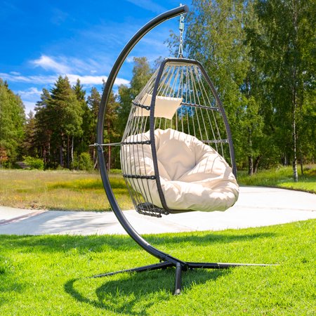Barton Rattan Hanging Egg Chair with Cushion and Stand - Cream