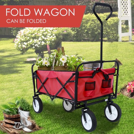 Beach Carts for Sand, Heavy Duty Folding Utility Wagon, Collapsible Wagon Cart w/ Drink Holder, All-Terrain Wheels, Garden Wagon for Shopping Outdoor Beach Camping, 150 Pound Capacity, Red, W1960