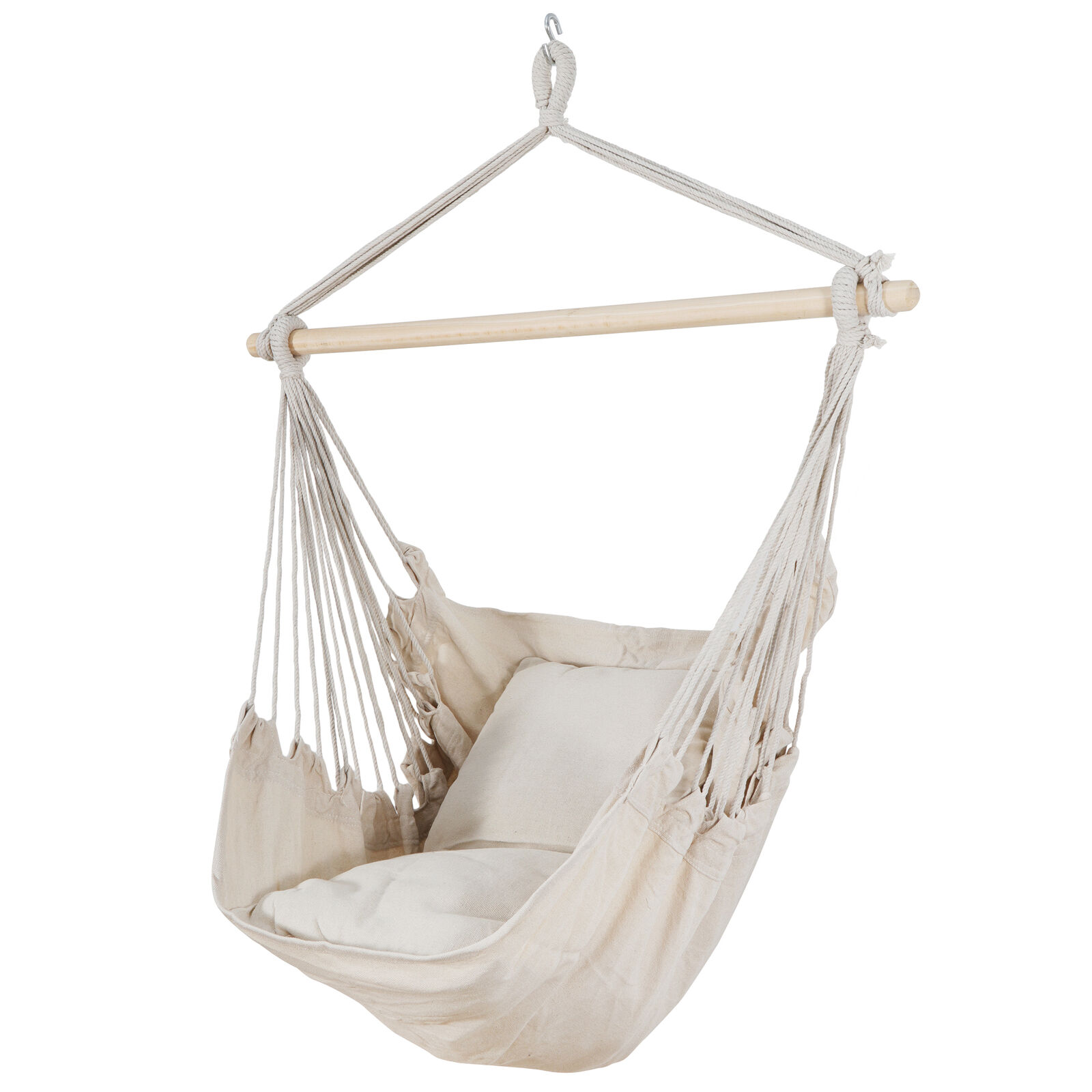 Beige Hammock Chair Swing Hanging Rope Net Chair Porch Patio with 2 Cushions
