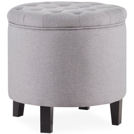 Belleze Nailhead Round Tufted Storage Ottoman Large Footrest Stool Coffee Table Lift Top, (Gray / Blue)
