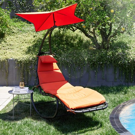 BELLEZE Outdoor Hanging Chaise Lounge Chair Swing Curved Cushion Seat Hammock With Canopy Sun Shade, Orange