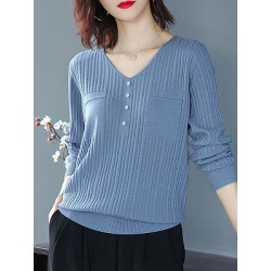 Berrylook V Neck Plain Buttons Long Sleeve Knit Pullover online sale, sale, fall sweaters, sweaters