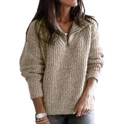 Berrylook V Neck Zips Plain Long Sleeve Knit Pullover online sale, sale, long cardigan, cute sweaters