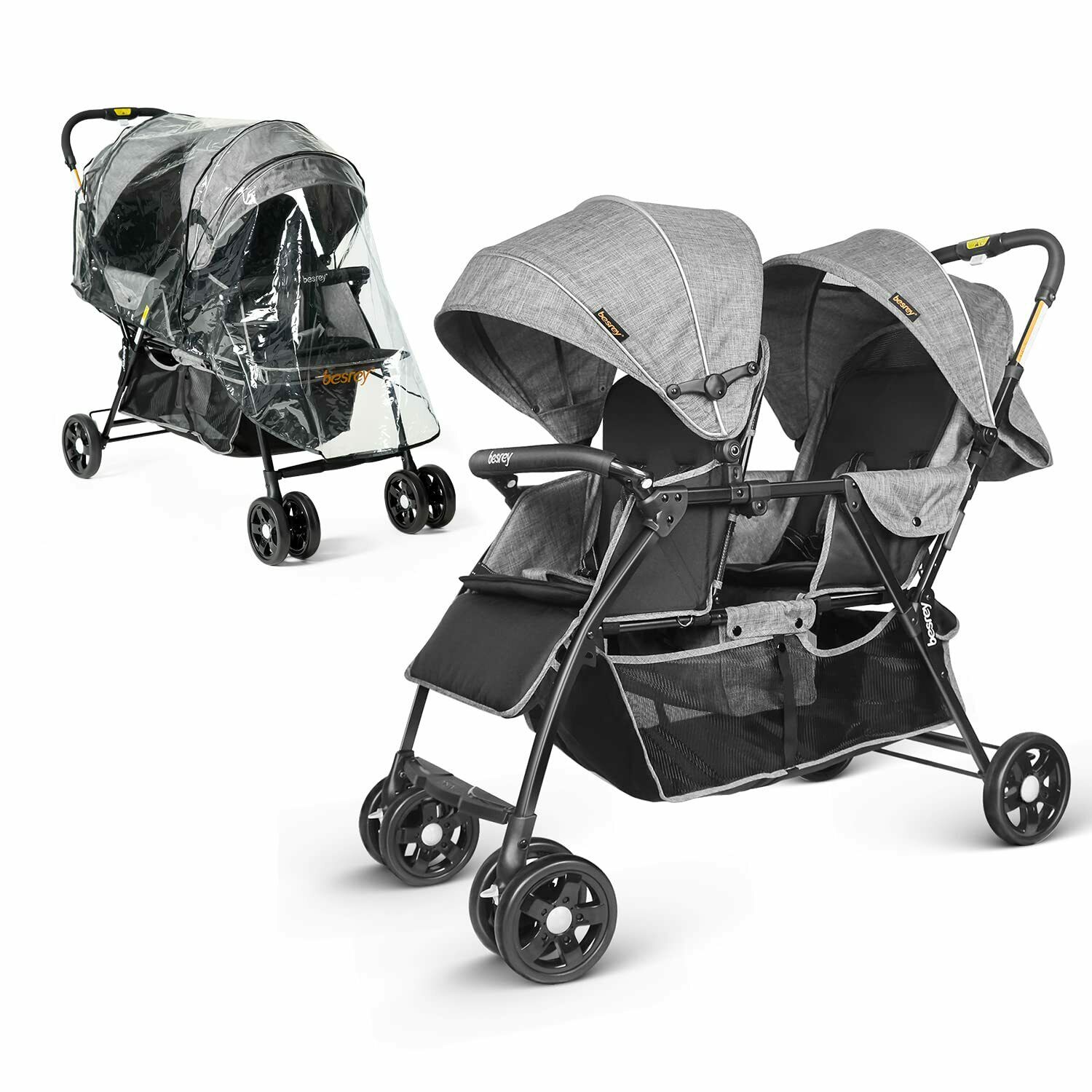 Besrey Foldable Double Stroller Lightweight Tandem Stroller with Free Rain Cover