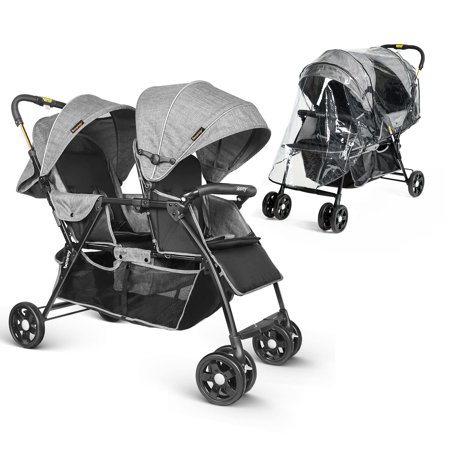 Besrey Lightweight Double Stroller with Rain Cover Foldable Tandem Compact Travel Twin Stroller for 0-36 Months Infants Toddlers, Gray