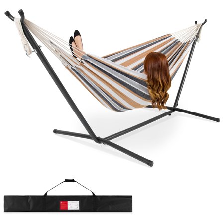 Best Choice Products 2-Person Brazilian-Style Cotton Double Hammock with Stand Set w/ Carrying Bag - Desert Stripes