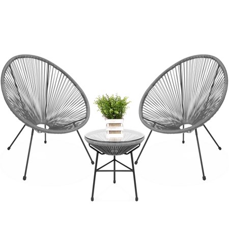 Best Choice Products 3-Piece All-Weather Patio Acapulco Bistro Furniture Set w/ Rope, Glass Top Table - Gray