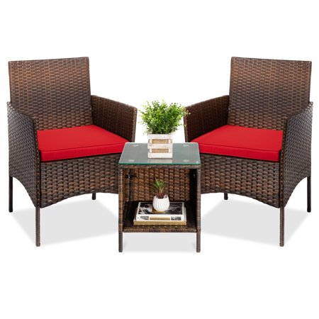 Best Choice Products 3-Piece Outdoor Wicker Conversation Bistro Set, Patio Chat Furniture w/ 2 Chairs, Table - Brown/Red