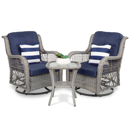 Best Choice Products 3-Piece Patio Wicker Bistro Furniture Set w/ 2 Cushioned Swivel Rocking Chairs, Side Table - Navy