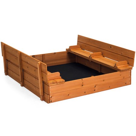 Best Choice Products 47x47in Kids Large Wooden Outdoor Play Cedar Sandbox w/ Sand Screen, 2 Foldable Bench Seats - Brown