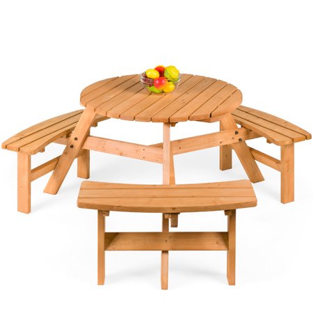 Best Choice Products 6-Person Circular Outdoor Wooden Picnic Table with 3 Built-In Benches, 500 lb Capacity - Natural