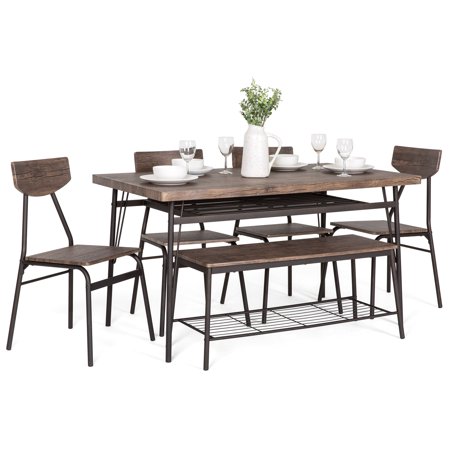 Best Choice Products 6-Piece 55in Modern Home Dining Set w/ Storage Racks, Rectangular Table, Bench, 4 Chairs - Brown