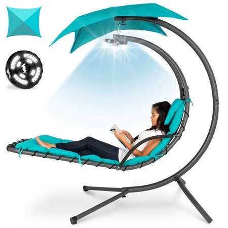 Best Choice Products Hanging LED-Lit Curved Chaise Lounge Chair for Backyard, Patio w/ Pillow, Canopy, Stand - Teal