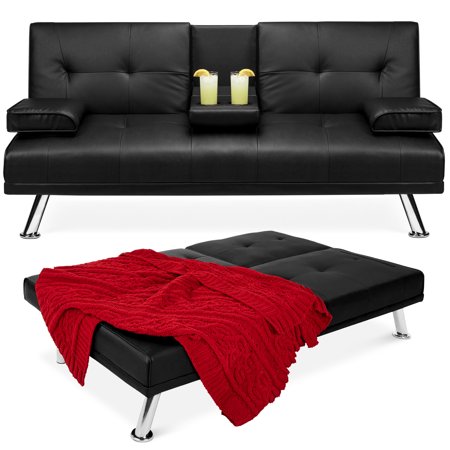 Best Choice Products Modern Faux Leather Convertible Futon Sofa w/ Removable Armrests, Metal Legs, 2 Cupholders - Black