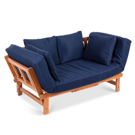 Best Choice Products Outdoor Convertible Acacia Wood Futon Sofa w/ Pullout Tray, 4 Pillows, All-Weather Cushion - Navy