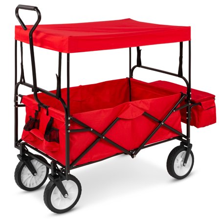 Best Choice Products Utility Cargo Wagon Cart for Beach, Errands w/ Folding Design, Removable Canopy, Cup Holders - Red