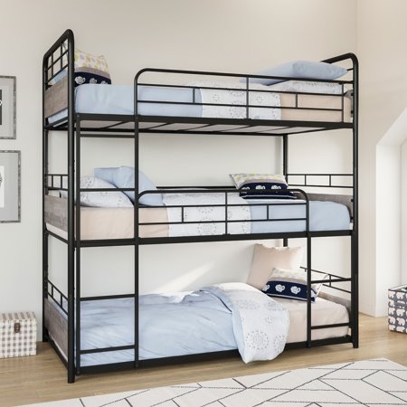 Better Homes & Gardens Anniston Convertible Black Metal Triple Twin Bunk Bed, Gray Wood Accents