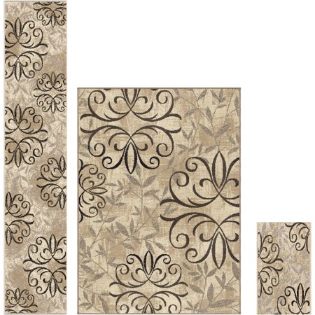Better Homes & Gardens Floral Iron Fleur Traditional Area Rugs, Beige, 3-Pieces