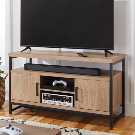 Better Homes & Gardens Jace Industrial Wood Rectangle Media Console for TVs up to 55 in, Natural Oak