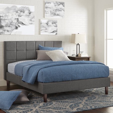 Better Homes & Gardens Knox 43" Upholstered Platform Bed with Square-Stitched Headboard, Gray, Twin