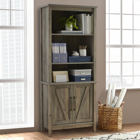 Better Homes & Gardens Modern Farmhouse Library Bookcase with Doors, Rustic Gray Finish