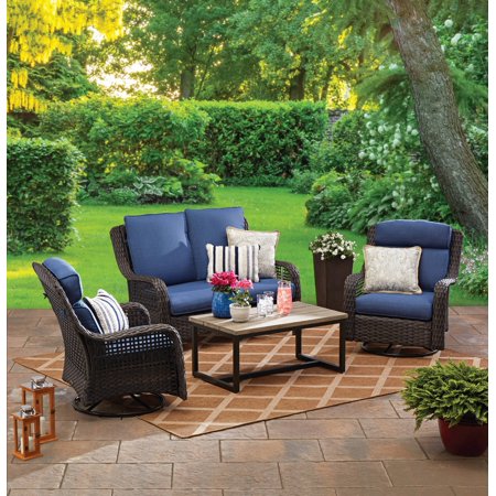 Better Homes &Amp; Gardens Ravenbrooke 4-Piece Outdoor Wicker Swivel Chair Conversation Set, Blue