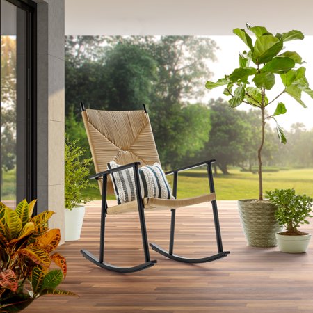 Better Homes & Gardens Ventura Outdoor Steel Rocking Chair, Natural Rush Weave