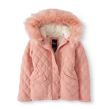 Bhip Girls Quilted Fleece Jacket with Hood and Removable Faux Fur Trim, Sizes 4-12