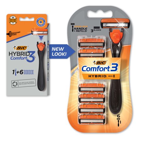 BIC Comfort 3 Hybrid Men's Disposable Razor, 3 Blade Men's Razor, 1 Handle 6 Cartridges, Pivoting Head, Smooth Shave