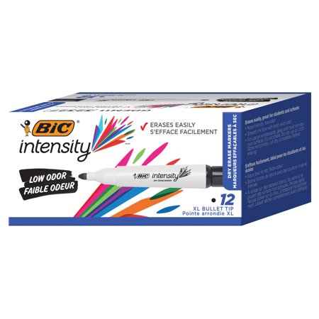 BIC Intensity Low Odor Dry Erase Marker, Tank Style, Chisel Tip, Black, 12-Count, Versatile Chisel Tip for Fine and Broad Lines