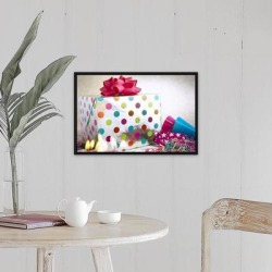 "Birthday gift and streamers" Black Float Frame Canvas Art